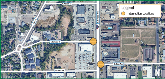 Map of the two intersections at E. Ramona St. and S. Nevada Ave. and St. Elmo Ave. and S. Nevada Ave where the planned traffic signals will go