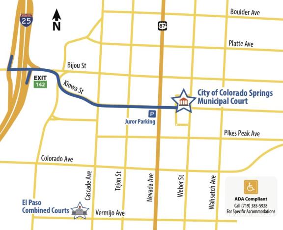 map showing path from I-25 to 224 E. Kiowa Atreet