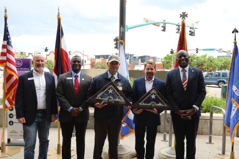 Dave Donelson, Roland Rainey Jr., Bob McLaughlin, Joe Lewis and Mayor Yemi stand together on Flag Day