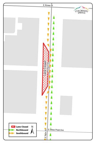 A map of Tejon St. between E. Kiowa St. and Pikes Peak Ave. that shows the new traffic shift. The right lane going southbound on Tejon will be closed in the middle of this stretch during this time.