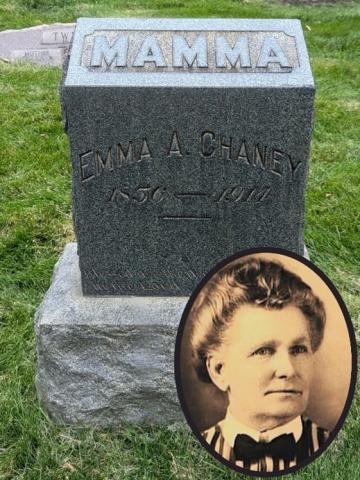 Headstone of Emma A. Chaney, 1856-1914, "Mamma" is carved on the top of the headstone.