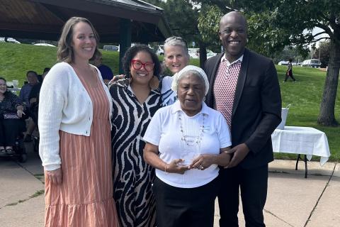 In order from left to right: Kelly Bull of Hey Neighbor, Kimberly Gold, Nancy Henjum, June Waller and Mayor Yemi Mobolade