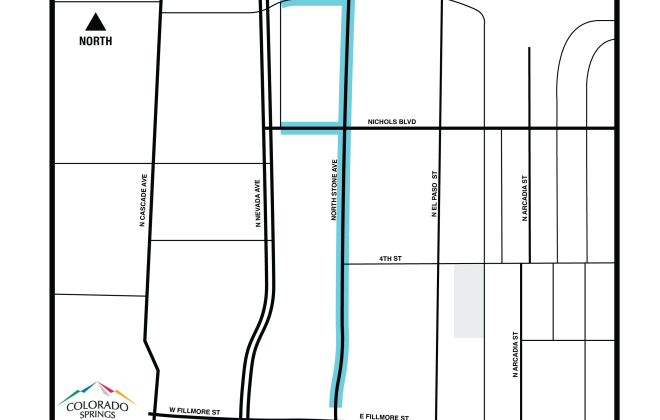 Map of the area around N. Stone Ave. where the project will occur. N. Stone Ave. is highlighted, along with portions of Winters Dr. and Nichols Blvd. west of N. Stone Ave.