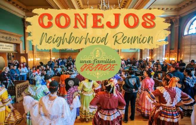 Graphic that shows a group of people in traditional Mexican attire performing at the Pioneer's Museum. Graphic reads "Conejos Neighborhood Reunion"
